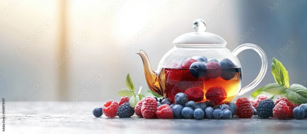 Aufkleber tea in a glass teapot herbal tea featuring berries. with copy space image. place for adding text or 
