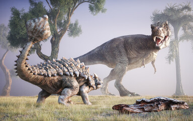 Dinosaurs engaged in a dramatic encounter in a prehistoric landscape during the early morning light