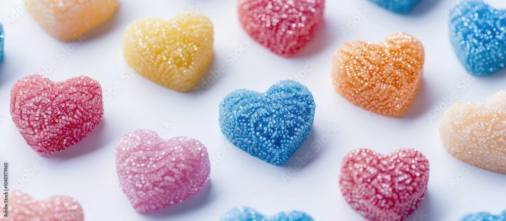 Poster Numerous multicolored sugar hearts on a white backdrop Valentine s Day theme Selective focus. with copy space image. Place for adding text or design