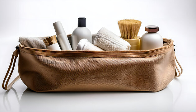 A luxurious toiletry bag displaying a collection of grooming essentials, including bottles, a brush, and plush towels. Perfect for travel and personal care routines.