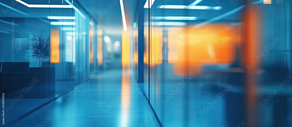 Fototapete abstract blur of a modern office interior at the entrance featuring a blue background with an orange