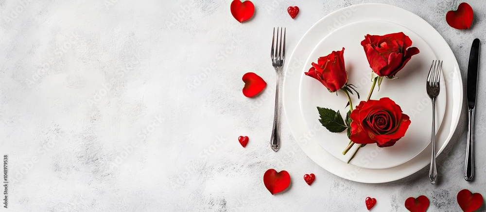 Poster Valentine s Day festive table setting featuring red roses A romantic dining idea for Valentine s An invitation for a date Top view flat lay. with copy space image. Place for adding text or design