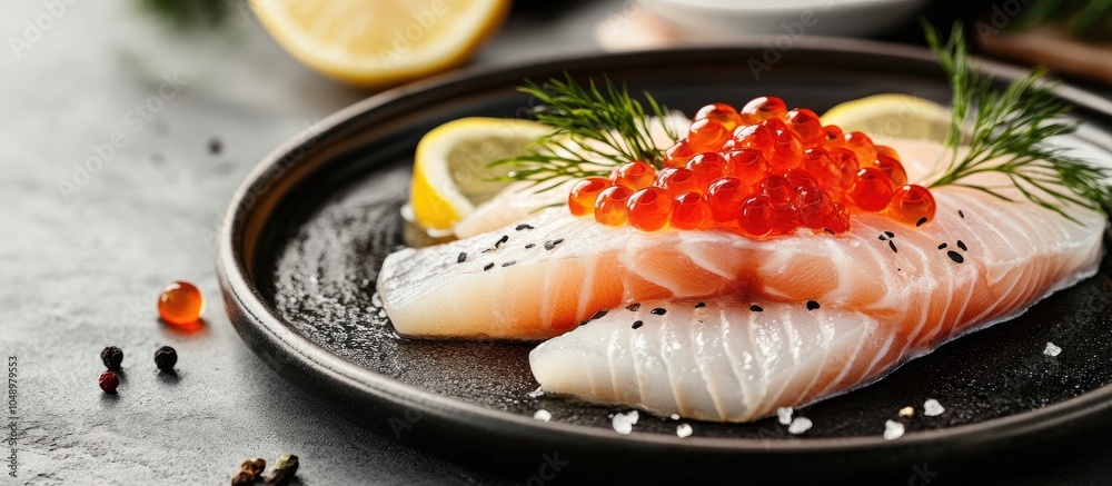 Fototapete Fillet combination of red and white fish sliced with oil red caviar and lemon served in a restaurant Horizontal image. with copy space image. Place for adding text or design