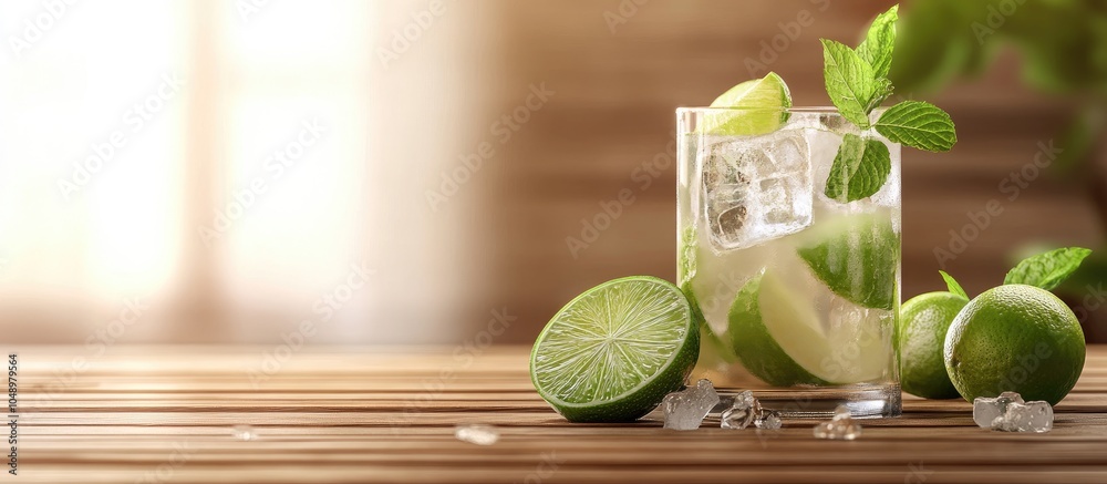 Fototapete Mojito cocktail or soda beverage featuring lime and mint set against a wooden background High quality image. with copy space image. Place for adding text or design