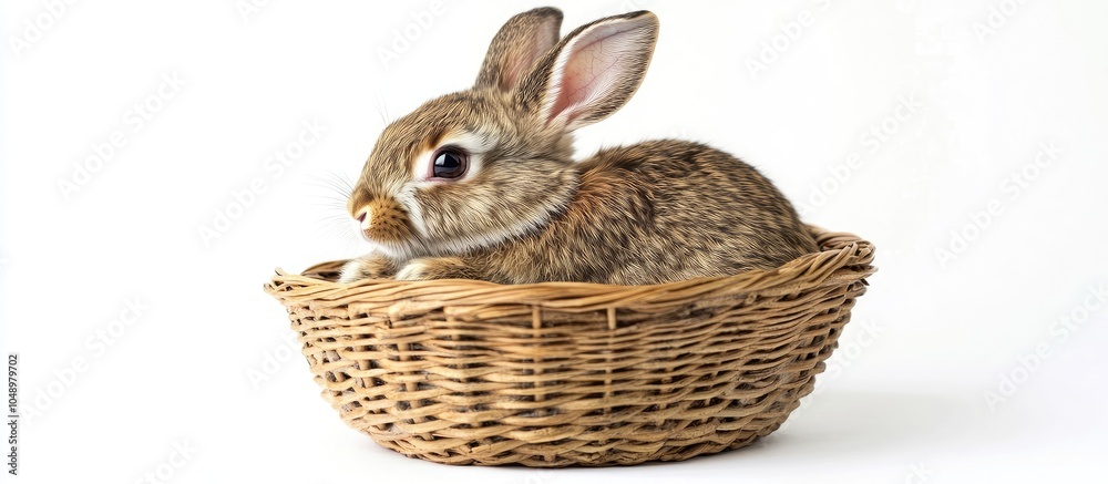 Leinwandbilder Studio image of a domestic rabbit in a basket against a white background. with copy space image. Place for adding text or design