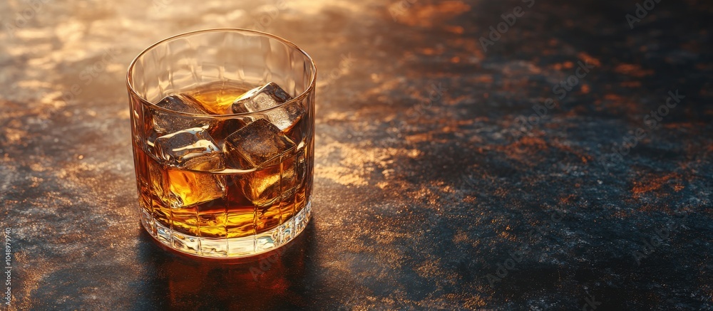 Poster Glass of whiskey liquor with ice on the rocks on a granite counter enjoying a sip of this classy drink Close up of the beverage savoring scotch or bourbon. with copy space image