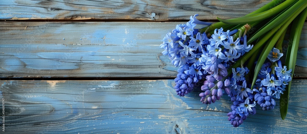 Aufkleber Bouquet of hyacinth flowers on a wooden table Easter card template Includes space for your messages. with copy space image. Place for adding text or design