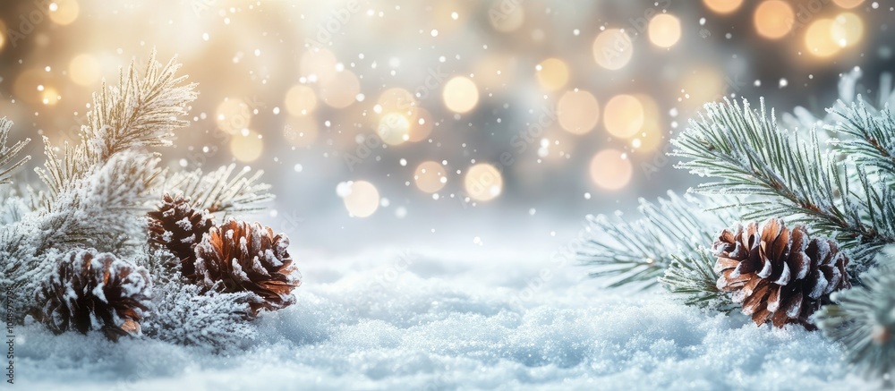Leinwandbilder frosty winter christmas still life adorned with snow and bright sparkling bokeh. with copy space ima