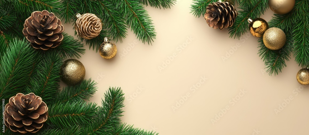 Poster christmas backdrop featuring fir branches and festive decorations top view copyspace for text