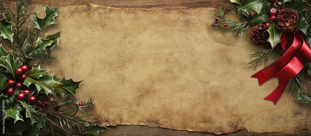Poster christmas background border featuring a merry christmas ribbon holly and winter greenery on parchmen