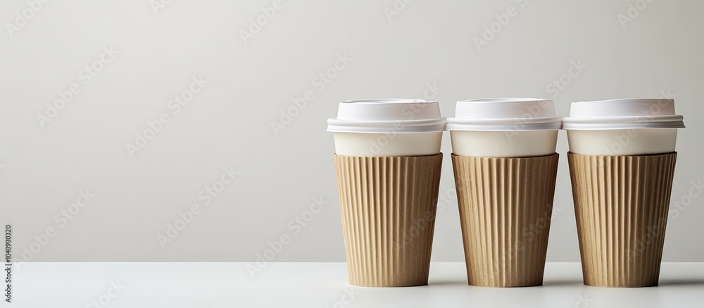 Aufkleber To go beverage Arranged with three paper coffee cups isolated on white. with copy space image. Place for adding text or design