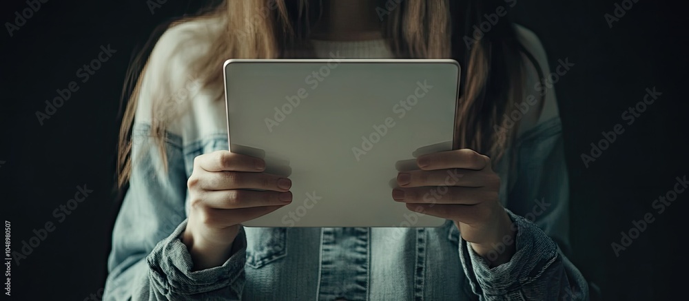Poster The girl is holding a tablet She has a computer screen in her hands Her hands support the display with a blank area. with copy space image. Place for adding text or design