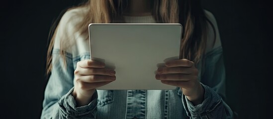 The girl is holding a tablet She has a computer screen in her hands Her hands support the display...