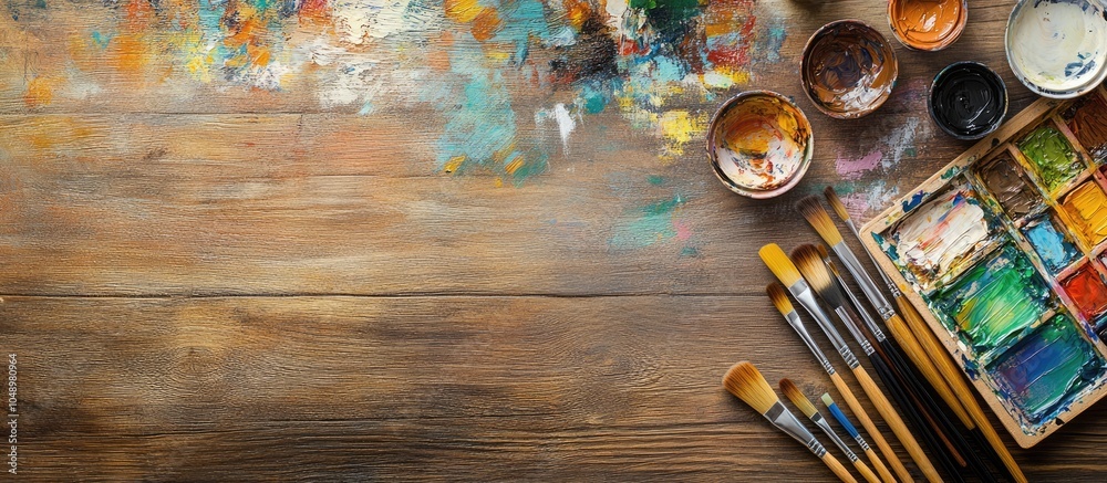 Poster Overhead view of an artist s workstation set up for a DIY art project featuring brushes paints and supplies on a wooden table. with copy space image. Place for adding text or design