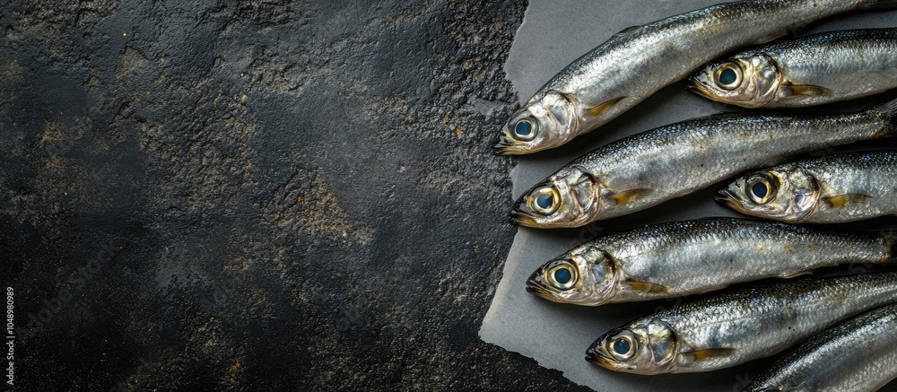 Fototapete Raw small sprats resembling forage fish arranged in a diagonal layout on paper with copyspace on a dark black cement backdrop