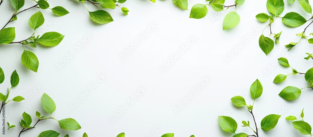 Fototapete Frame made of spring twigs with green leaves on a white background. with copy space image. Place for adding text or design