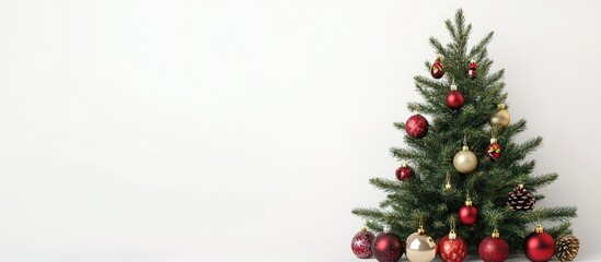 Christmas fir tree decorated with ornaments and copy space set against a white background Merry Christmas concept greeting card