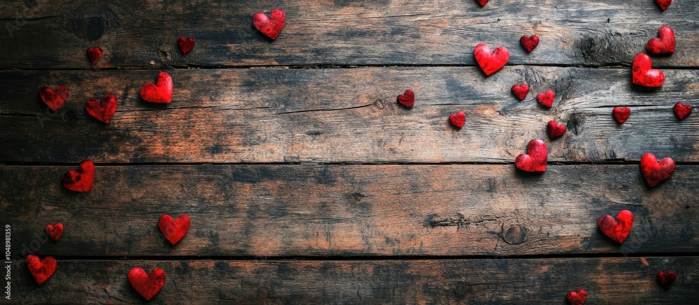 Poster Romantic valentines love background on a rustic old wooden table Photo captured from above top view. with copy space image. Place for adding text or design