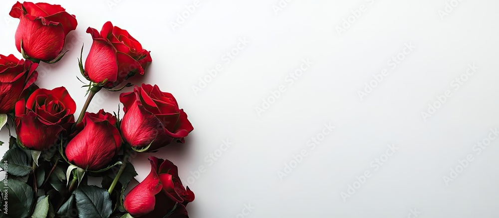 Fototapete a cluster of bright red roses next to a blank image featuring copy space on a simple white backgroun
