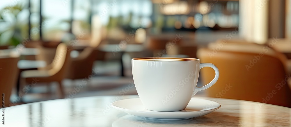 Poster White coffee cup on the table in a lounge bar setting. with copy space image. Place for adding text or design