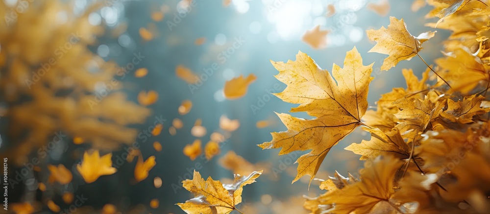 Aufkleber Yellow autumn maple leaves in a forest Selective focus Blurred background of autumn nature concept banner with copy space