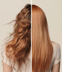 Naklejka premium Woman's hair before and after salon hair treatment