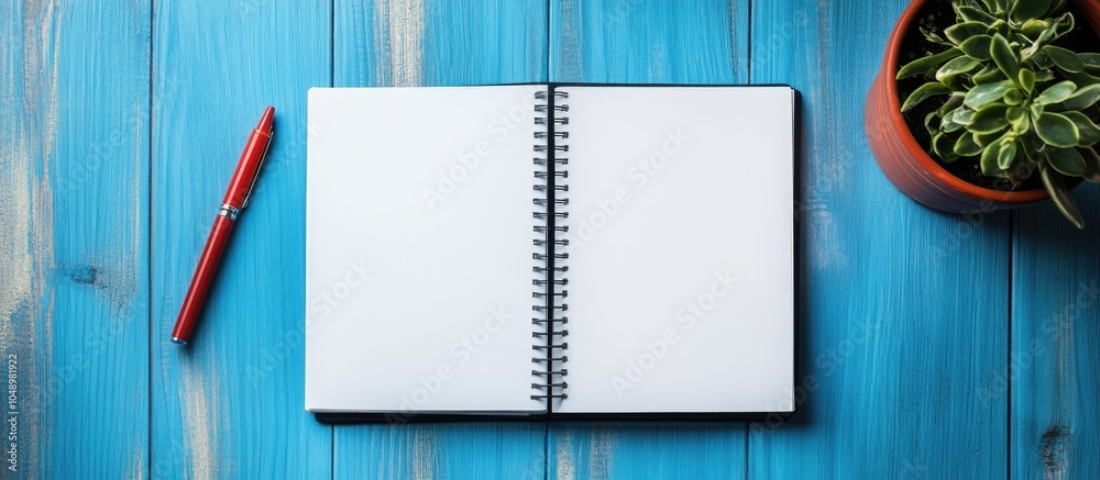 Poster Open blank diary pages and a pen beside a plant pot on a blue wooden table background. with copy space image. Place for adding text or design