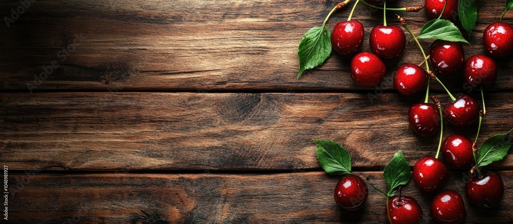 Poster sour cherries background of a wooden table. with copy space image. place for adding text or design