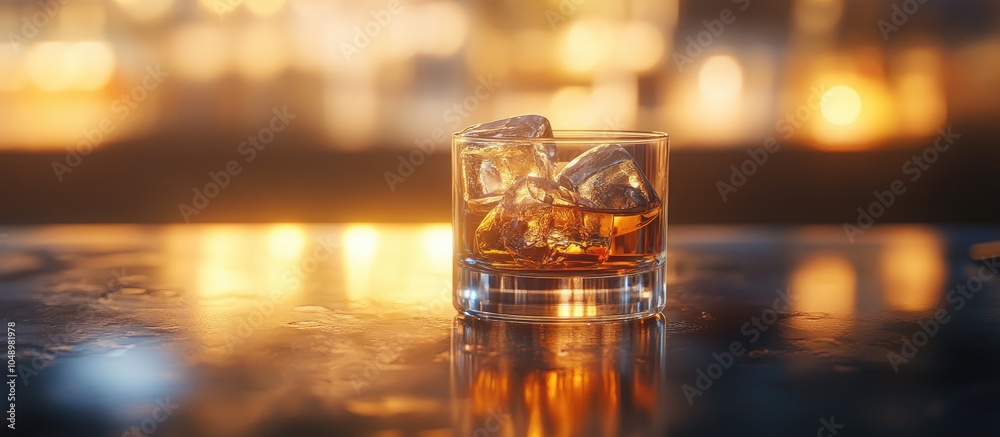 Aufkleber A whisky glass with ice on a shiny bar surface. with copy space image. Place for adding text or design