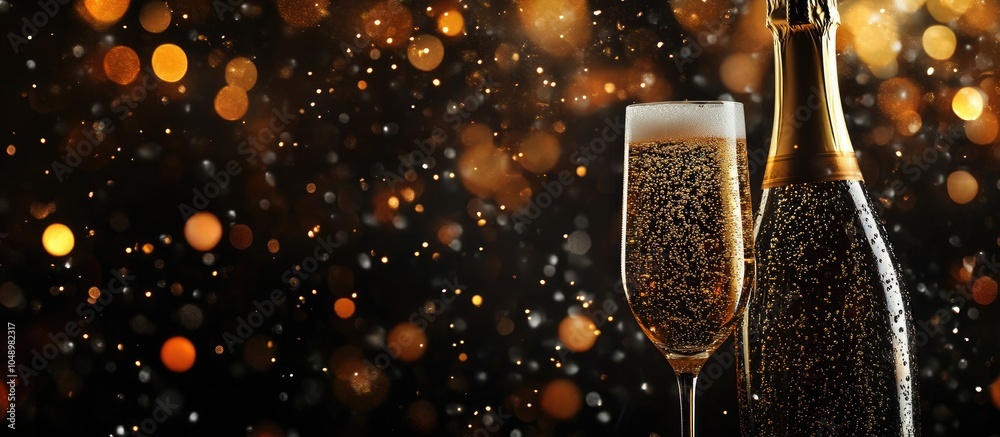 Poster Champagne for Christmas set against a dark backdrop with surprise and festive golden bokeh. with copy space image. Place for adding text or design
