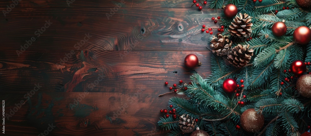 Poster new year still life featuring christmas tree branches and ornaments set against a wooden background.