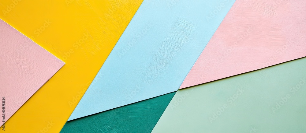 Aufkleber Textured background of fashion papers in Memphis geometric style Colors include yellow blue green and pink Top view flat lay. with copy space image. Place for adding text or design