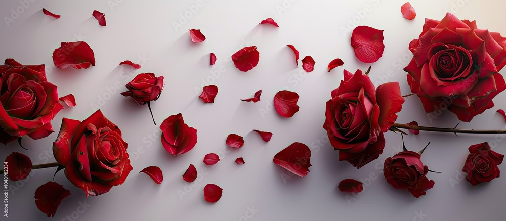 Poster large red blooming roses on a white background a present for your favorite woman. with copy space im