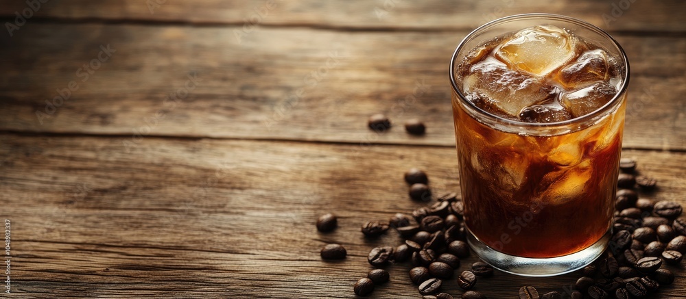 Aufkleber iced coffee with coffee beans on a wooden surface. with copy space image. place for adding text or d