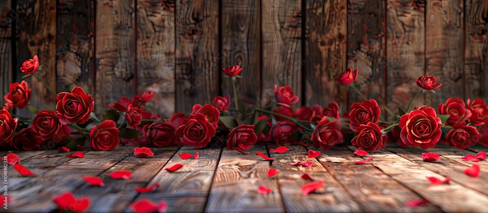 Poster red roses on a wooden backdrop valentine s day mother s day. with copy space image. place for adding