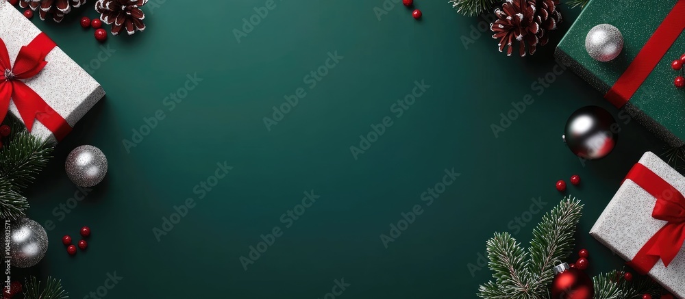 Fototapete gift boxes featuring christmas balls berries and fir cones on a green background with text space. wi