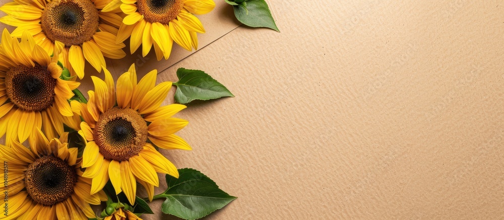 Poster Sunflower heads placed diagonally on a white and brown paper background in close up A lovely card design suitable for any greetings. with copy space image. Place for adding text or design