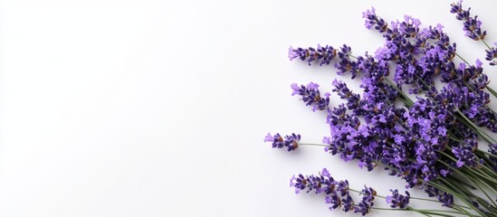 Obraz premium Top view of a bouquet of purple lavender blossoms on a white background Bouquet of lavandula blooms. with copy space image. Place for adding text or design