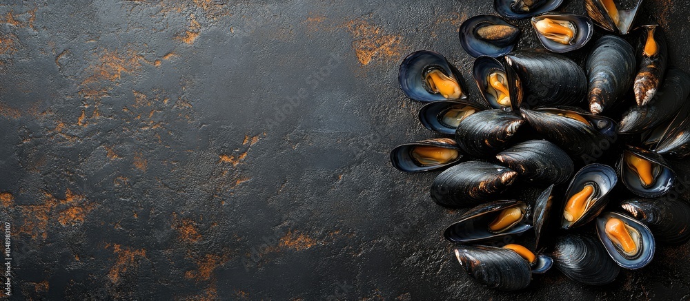 Poster mussels on a stone concrete surface top view copy space square crop