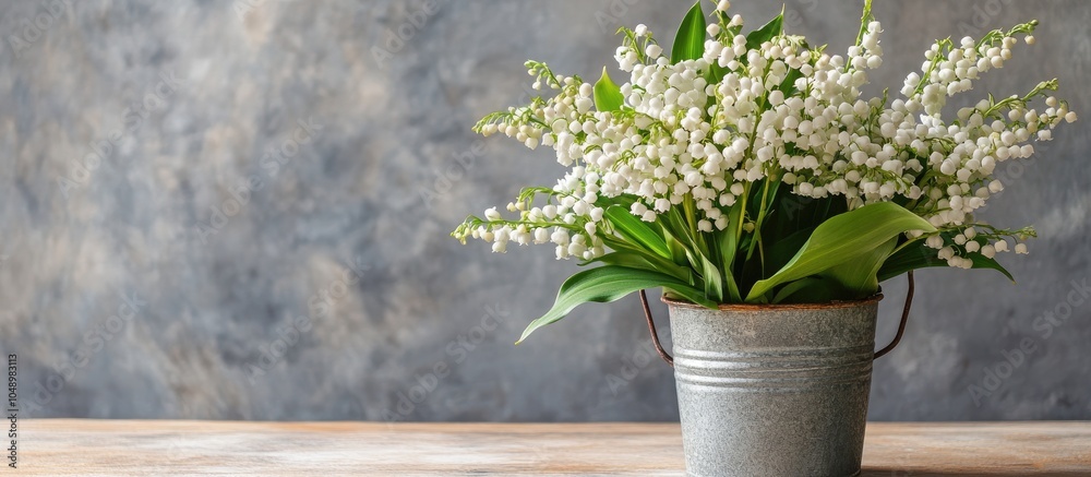 Aufkleber Arrangement of lovely lilies of the valley in a small bucket. with copy space image. Place for adding text or design