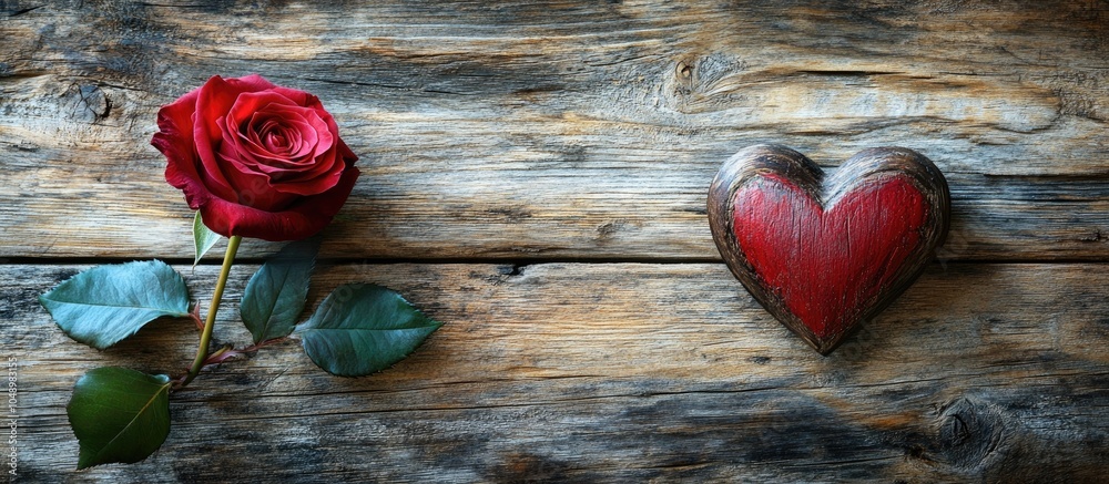 Aufkleber red rose and red heart on a rustic wooden background with copyspace for text