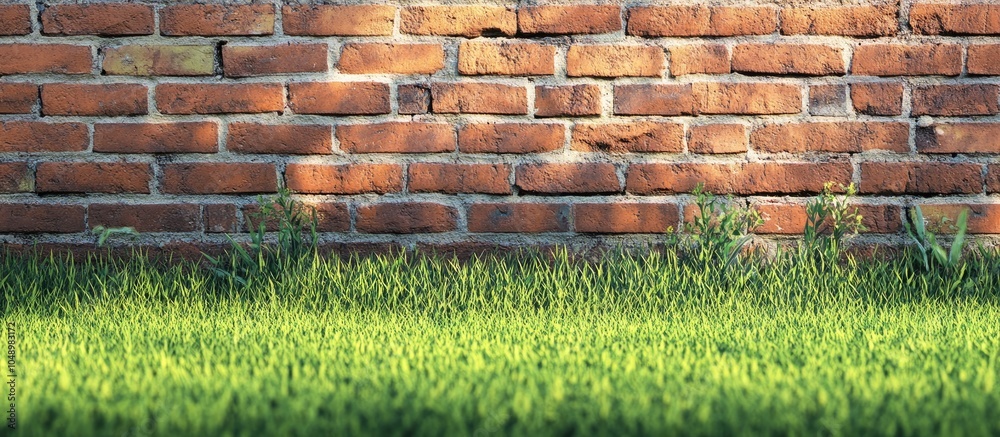 Poster Lush green grass and a red brick structure. with copy space image. Place for adding text or design