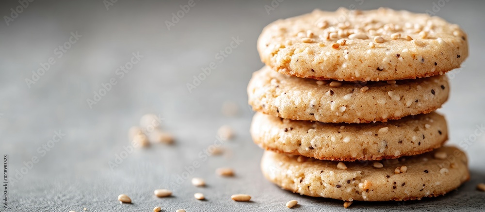 Poster Sesame cookies stacked on a light gray background with copy space Horizontal