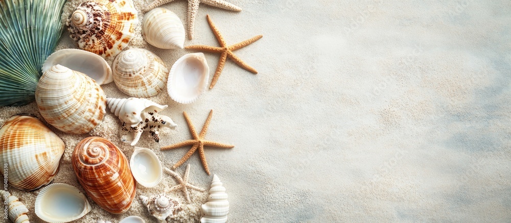 Aufkleber Beach and sea summer flat lay arrangement featuring seashells representing summer vacation and travel themes top view. with copy space image. Place for adding text or design