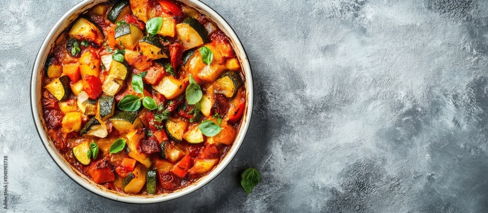Leinwandbilder homemade traditional vegetable ratatouille baked in a dish gray background top view. with copy space
