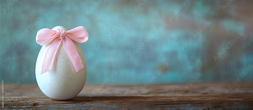 Aufkleber easter egg adorned with a pink bow on a wooden surface easter card or backdrop. with copy space imag