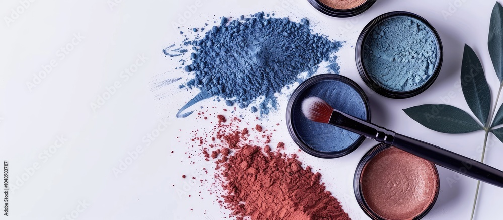 Aufkleber red and blue moroccan clay powder for cosmetics spa arrangement with a brush on a white background. 