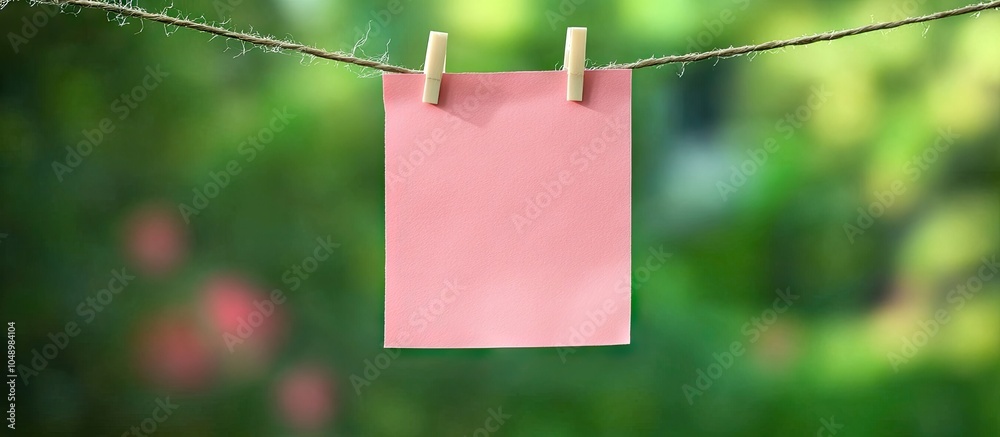 Aufkleber blank pink paper note hanging on a clothesline against a green background. with copy space image. pl