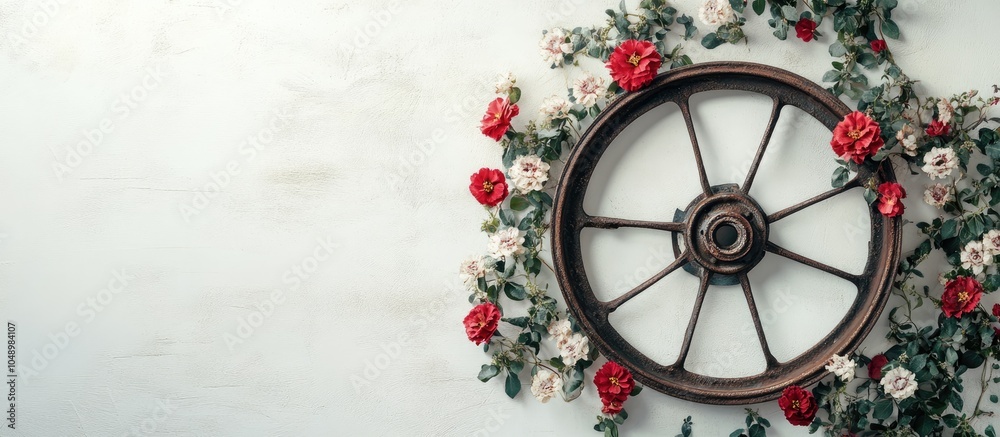 Aufkleber an old wheel rim is hanging on a white wall adorned with flowers. with copy space image. place for a