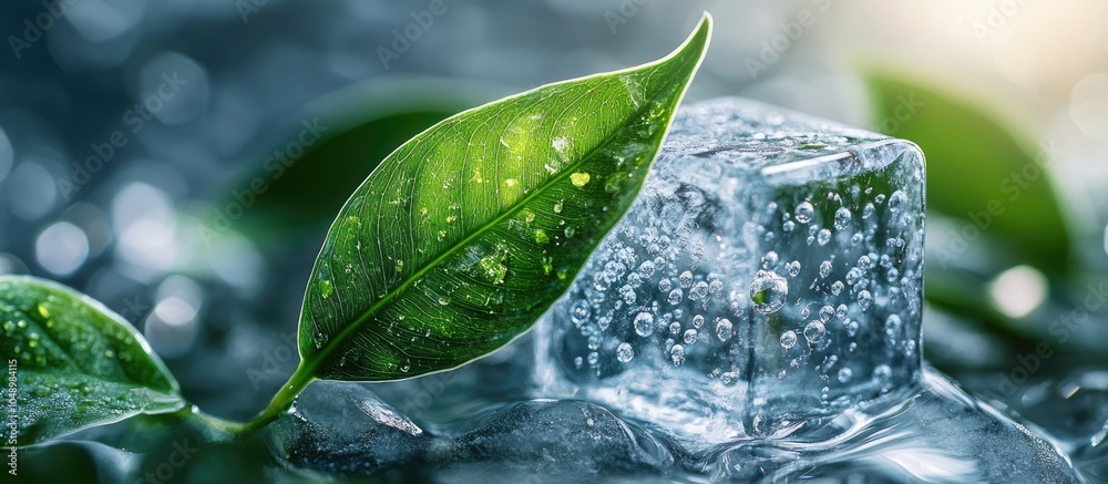 Fototapete background featuring a green leaf of ficus encased in an ice cube with air bubbles. with copy space 